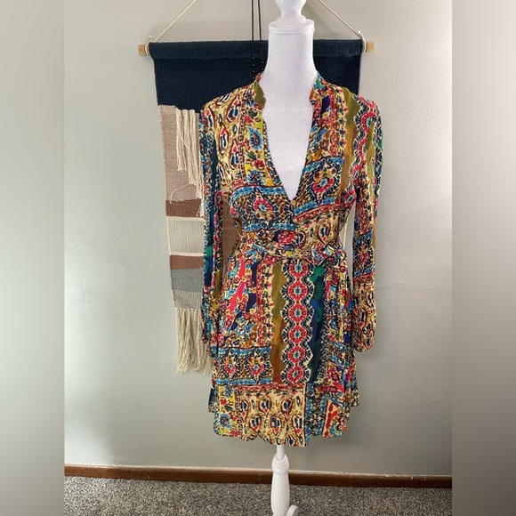 Zara Multicolor Paisley Boho Fit & Flare Long Sleeves Mini dress with belt S - Picture 4 of 11